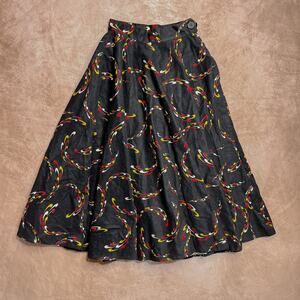 Vintage 50s High Waisted Black Geometric Wool Felt Circle Skirt Maxi Mid Century